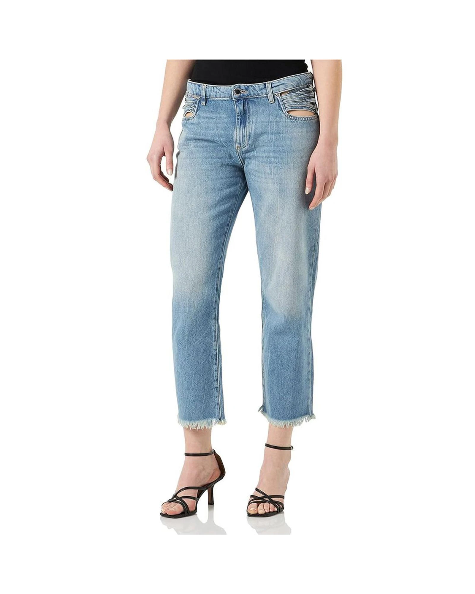 High-waisted slouchy jeans with blue wash and fringed hem