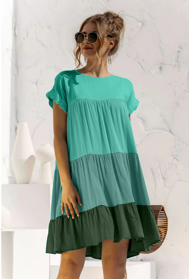 Women's Short Sleeve Tier Dress-Green - Green