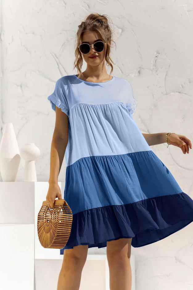 Women's Short Sleeve Tier Dress - Blue - Blue