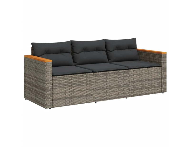 vidaXL Garden Sofa with Cushions 3-Seater Grey Poly Rattan