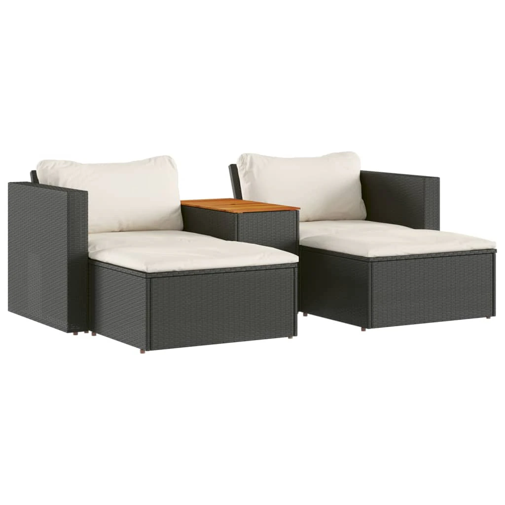 5 Piece Garden Sofa Set With Cushions Poly Rattan Acacia - Black