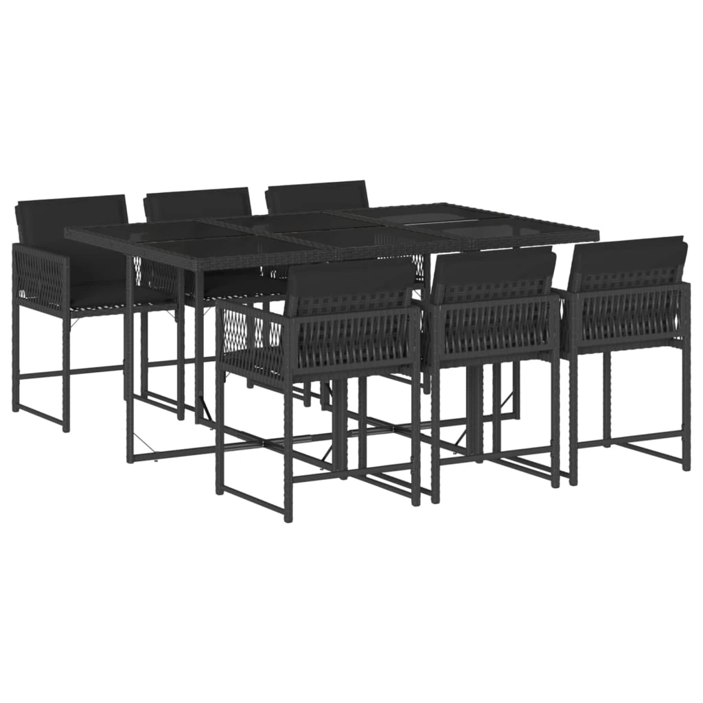 7 Piece Garden Dining Set with Cushions Black Poly Rattan