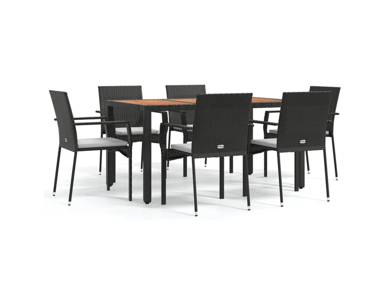 vidaXL 7 Piece Garden Dining Set with Cushions Black Poly Rattan