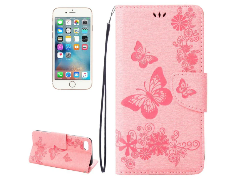 For iPhone SE 5G (2022), SE (2020) / 8 / 7 Wallet Case,Butterflies Embossed Leather Cover,Pink