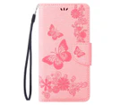 For iPhone SE 5G (2022), SE (2020) / 8 / 7 Wallet Case,Butterflies Embossed Leather Cover,Pink