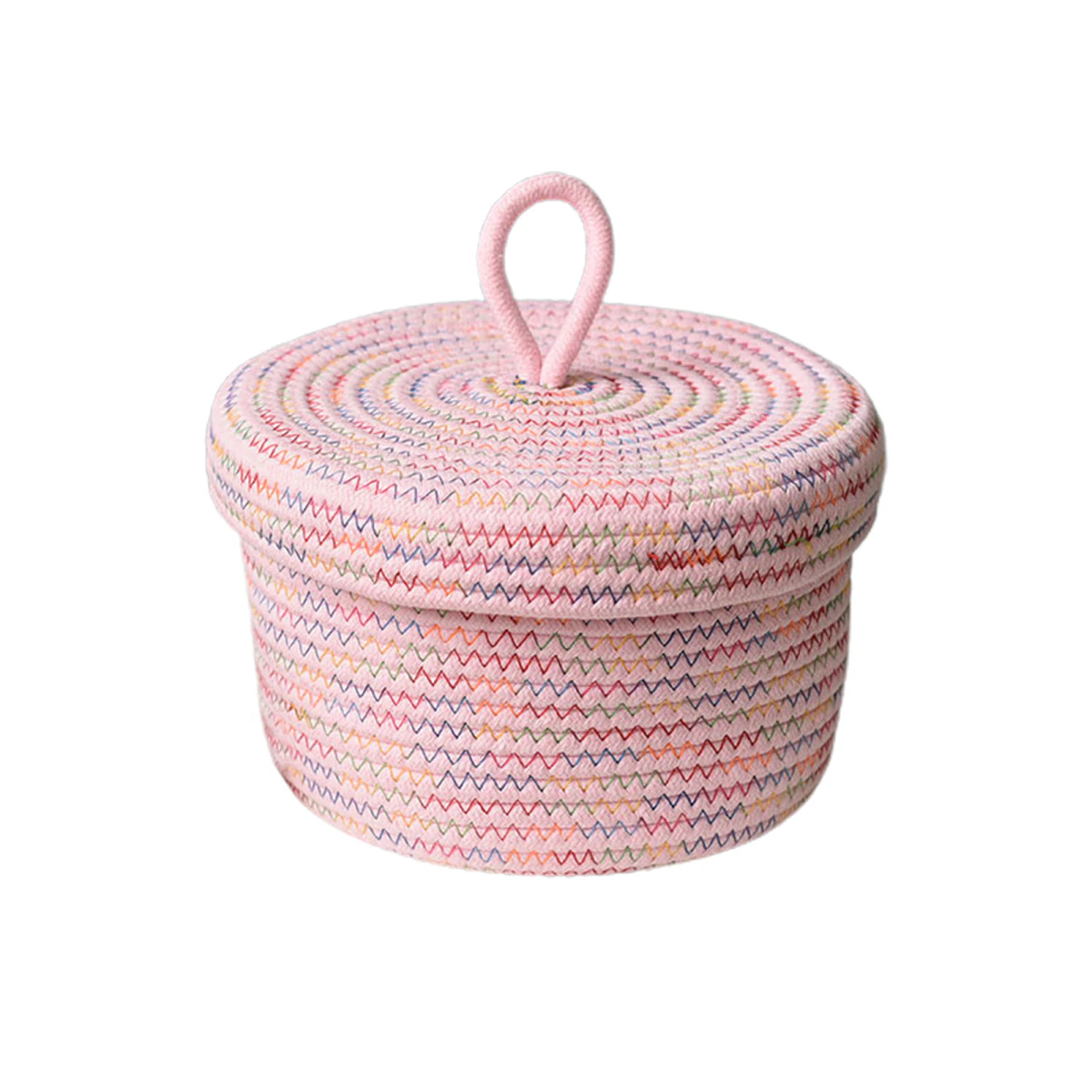 Containers With Lids Desktop Small Storage Basket Round Cotton Rope Woven Basket With Lid Home Organizing Box Decorative Woven Storage Bin Pink