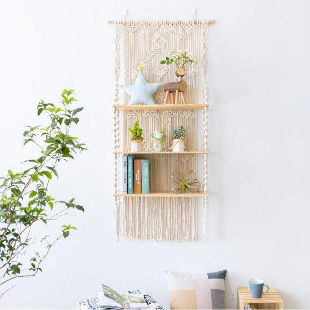 Tripel Plant Hanger Handmade Macrame Wooden Floating Shelf