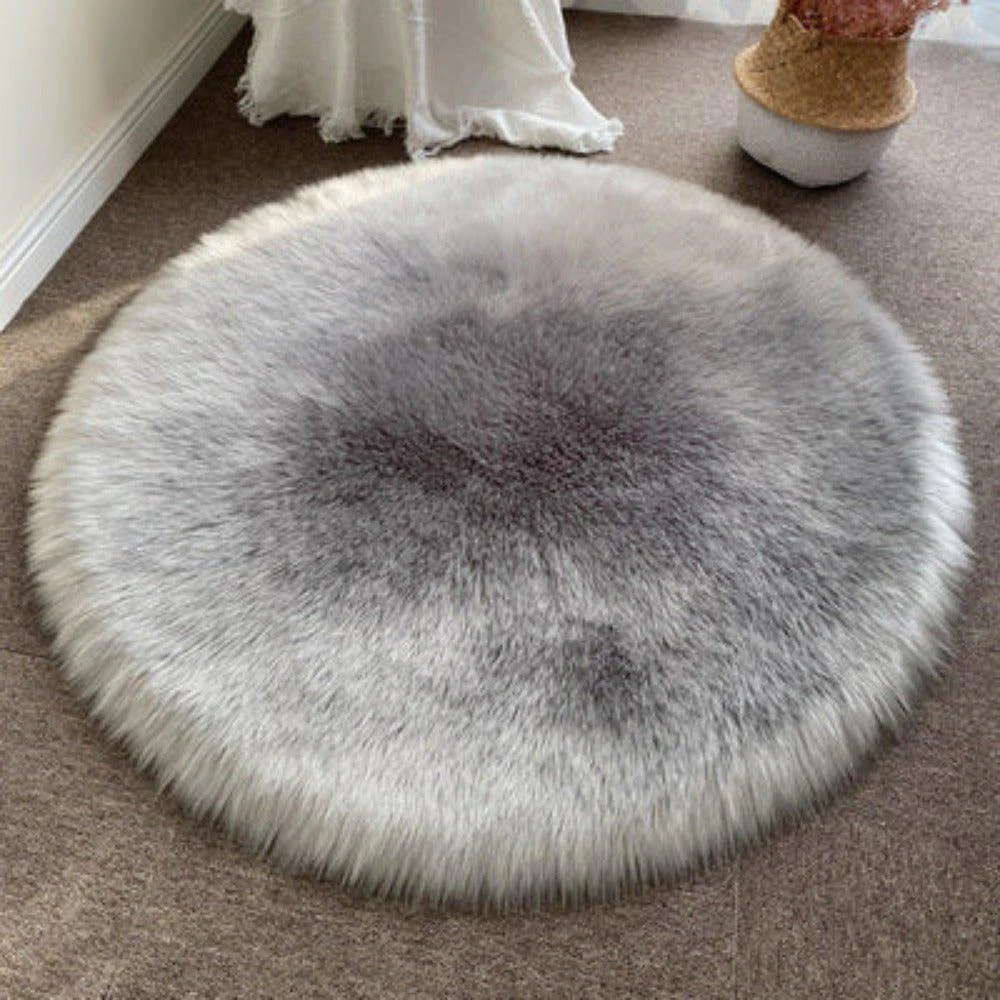 Round Shaggy Faux Fur Sheepskin Rug (120cm) - Grey