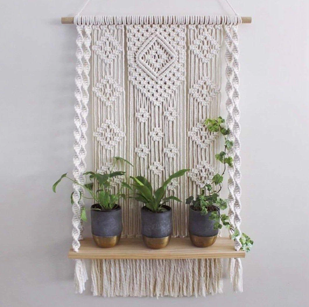 Macrame Wooden Floating Shelf Wall Hanging Planter