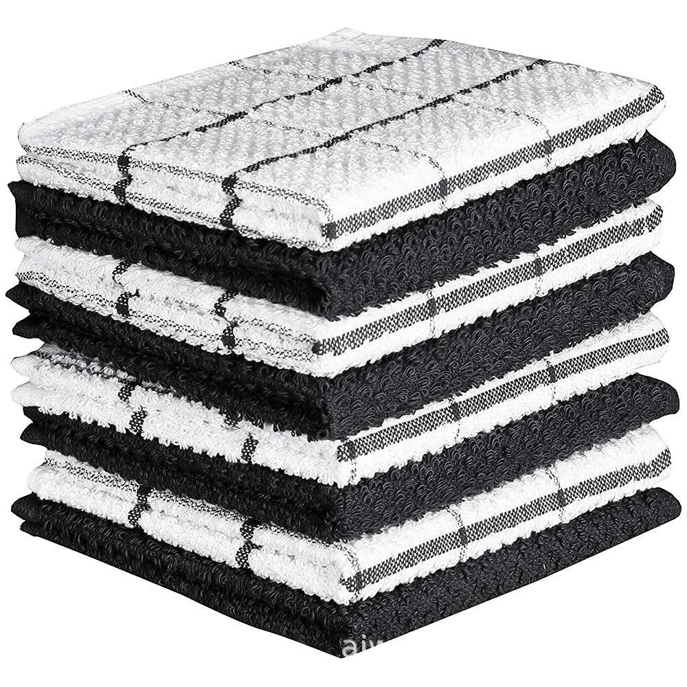 Set of 8 100% Cotton Kitchen Dish Cloths, Super Soft and Absorbent Tea Towel, Quick Drying Dish Towels for Kitchen - Black&White