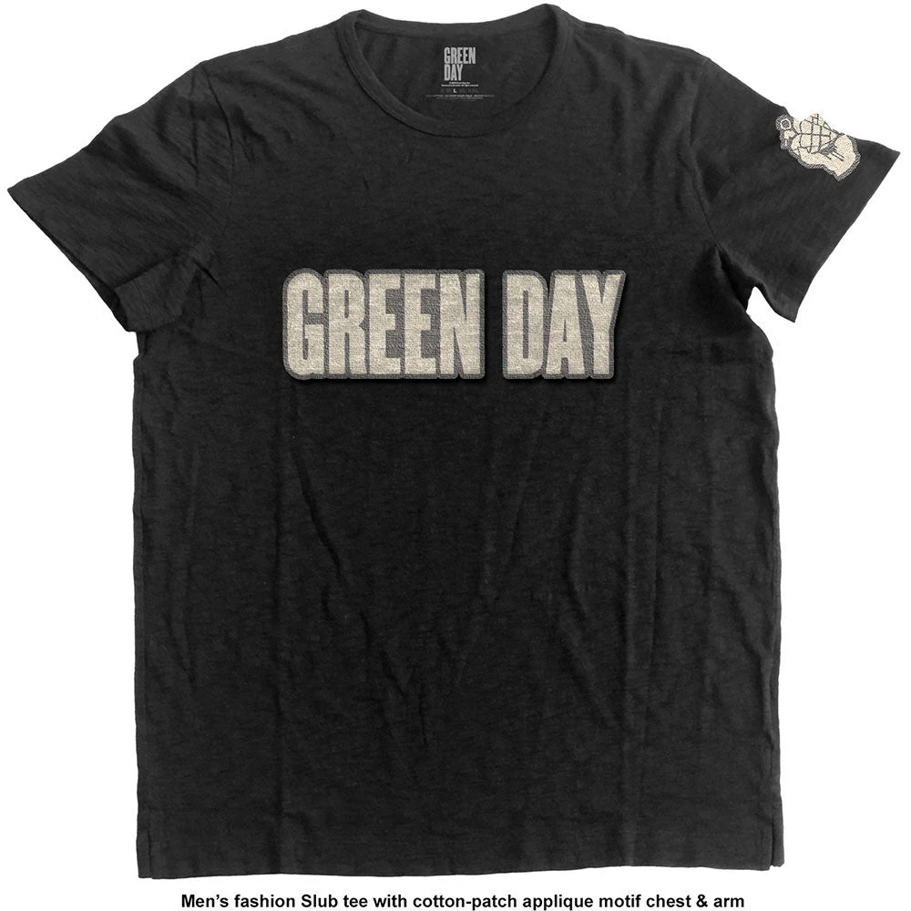 Green Day Unisex Fashion T-Shirt: Logo & Grenade (Applique Motifs)