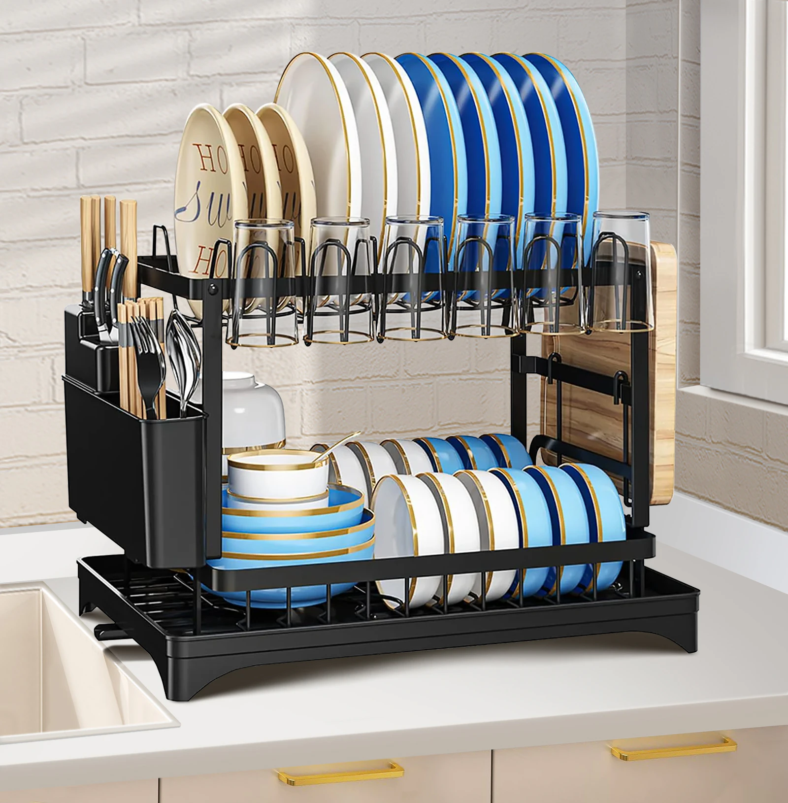 2 Tier Foldable Kitchen Drying Rack Drain Cup Dish Bowl Plates rack with Drainer tray Kitchen Storage Organizer Black