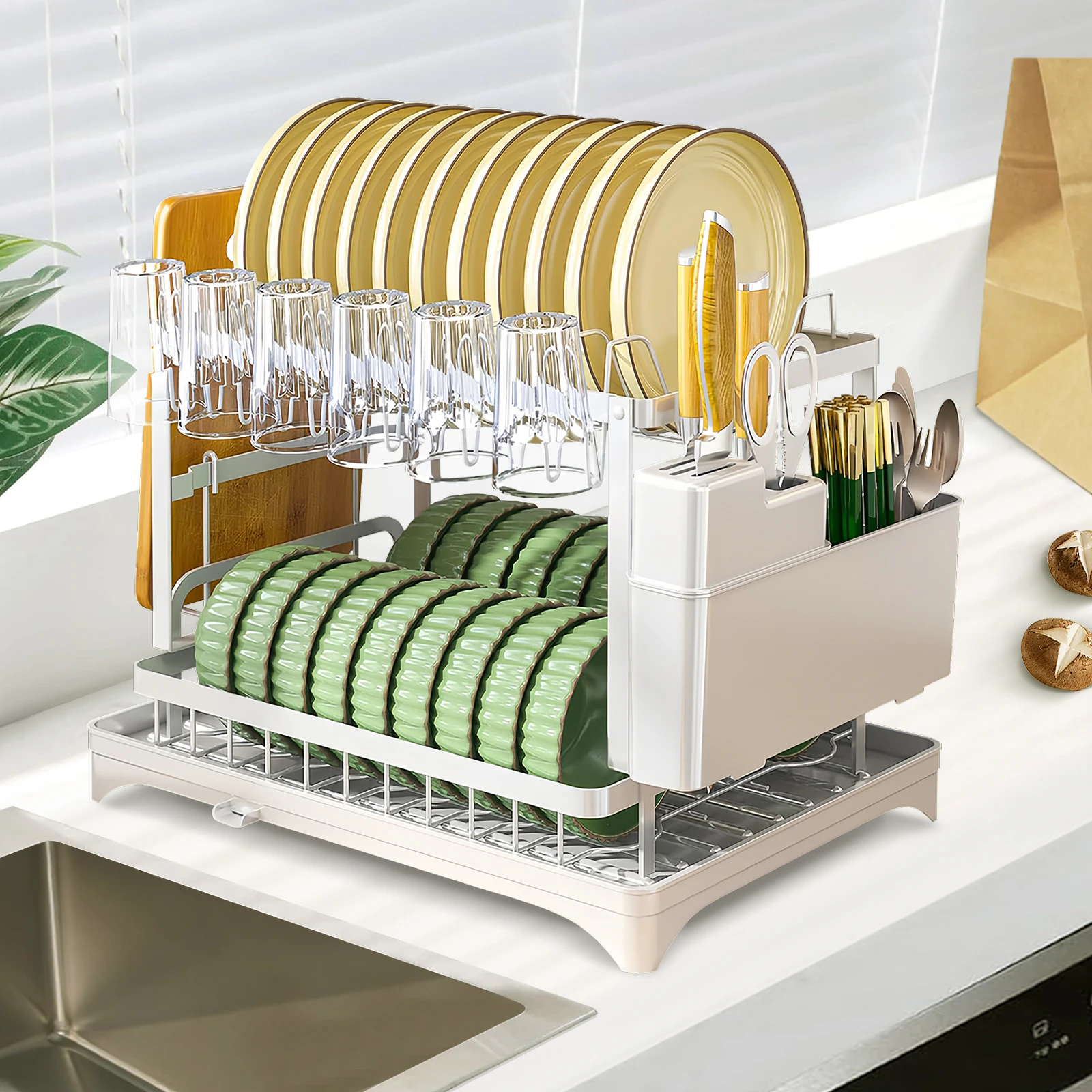 2 Tier Foldable Kitchen Drying Rack Drain Cup Dish Bowl Plates rack with Drainer tray Kitchen Storage Organizer White