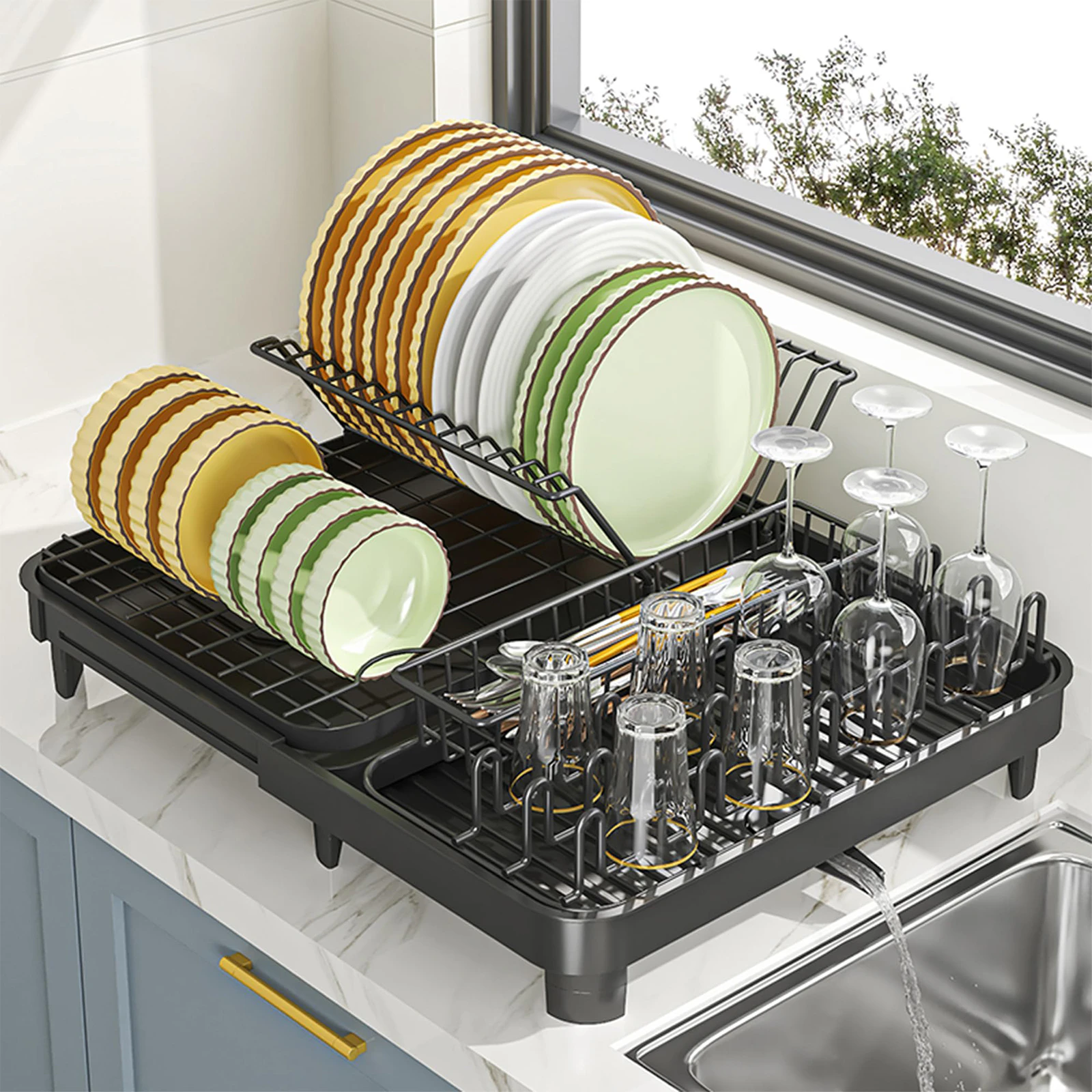 2-IN-1 Kitchen Drying Rack Drain Cup Dish Bowl Plates rack with Drainer tray Kitchen Storage Organizer