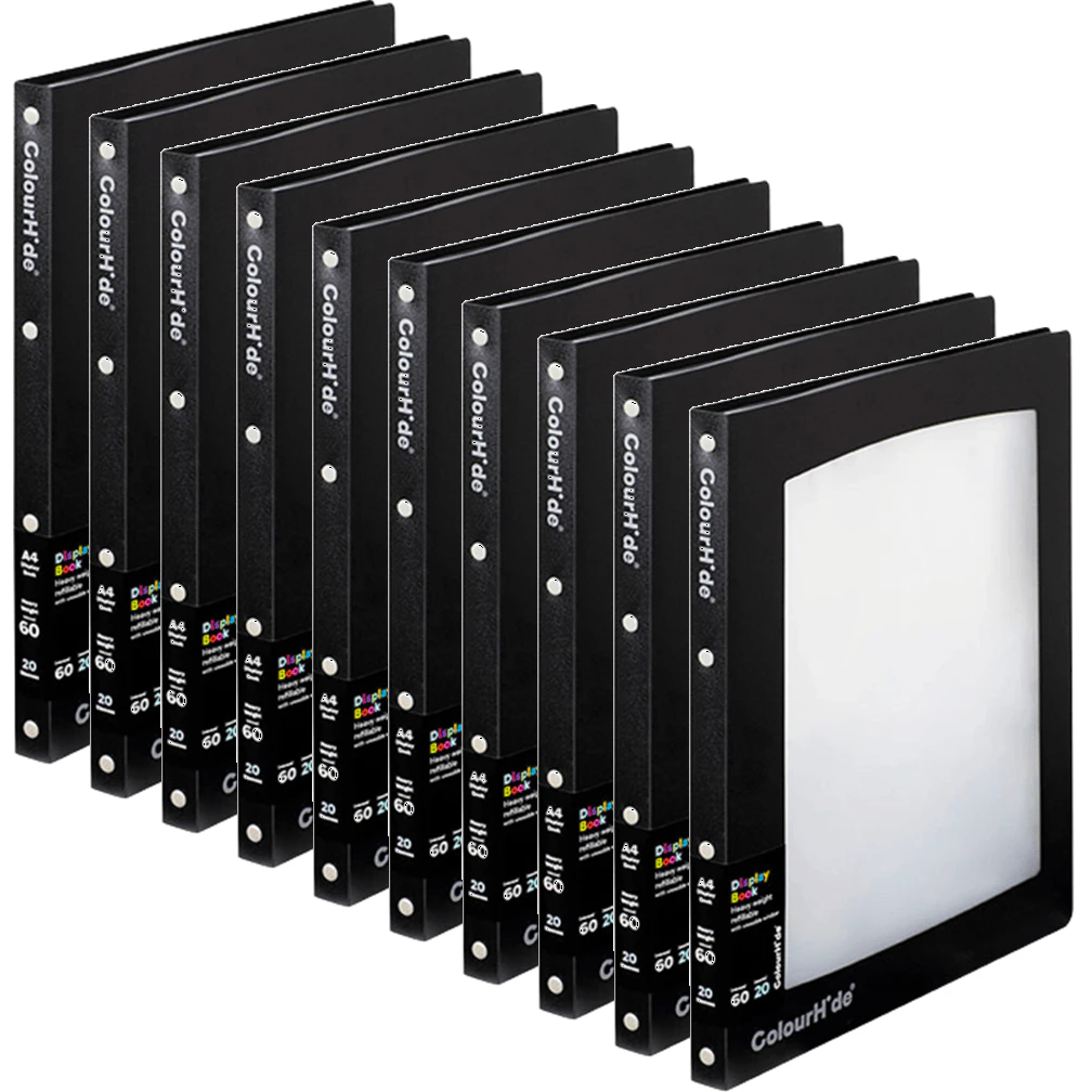 Colourhide Refillable Display Book 20 Pockets Medium Weight A4 Black/clear 10 Pack