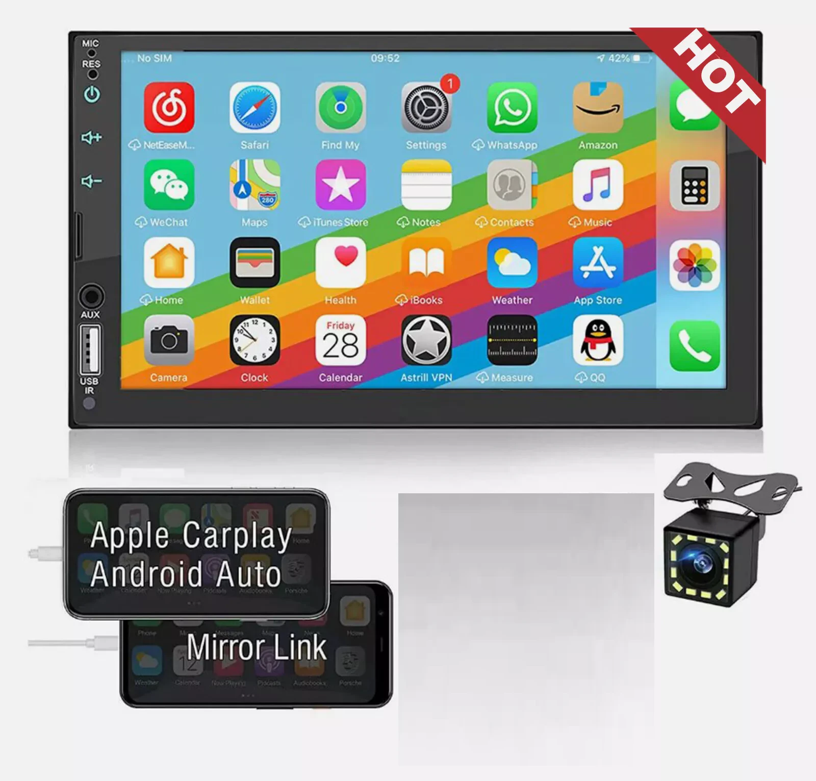 7 Inch Car Radio Apple Andriod Carplay BT Car Stereo Touch Screen Double 2Din+Camera