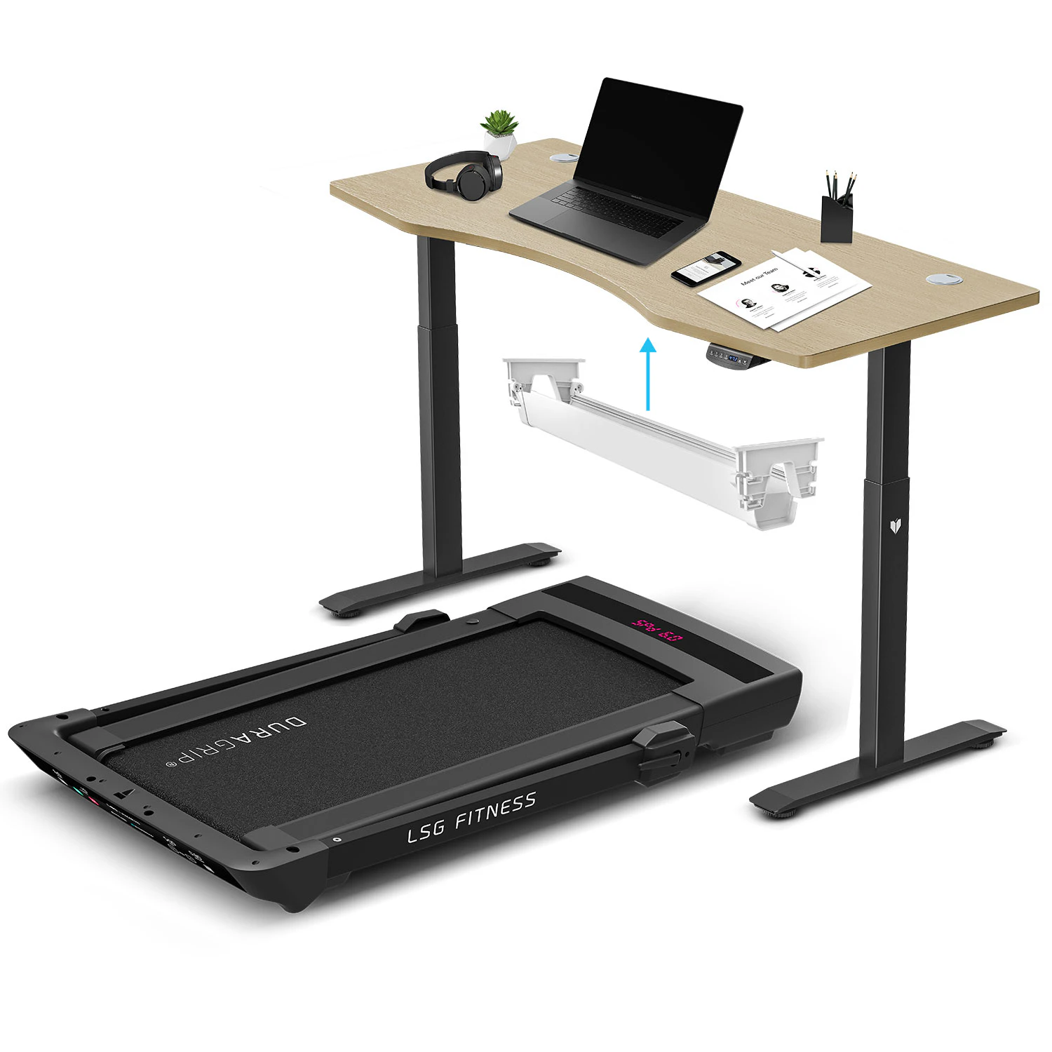 LSG Fitness Pacer M5 with Dual Motor Automatic Standing Desk 150cm in Oak/Black and Cable Management Treadmill Run Walk Cardio Home Gym Treadmills