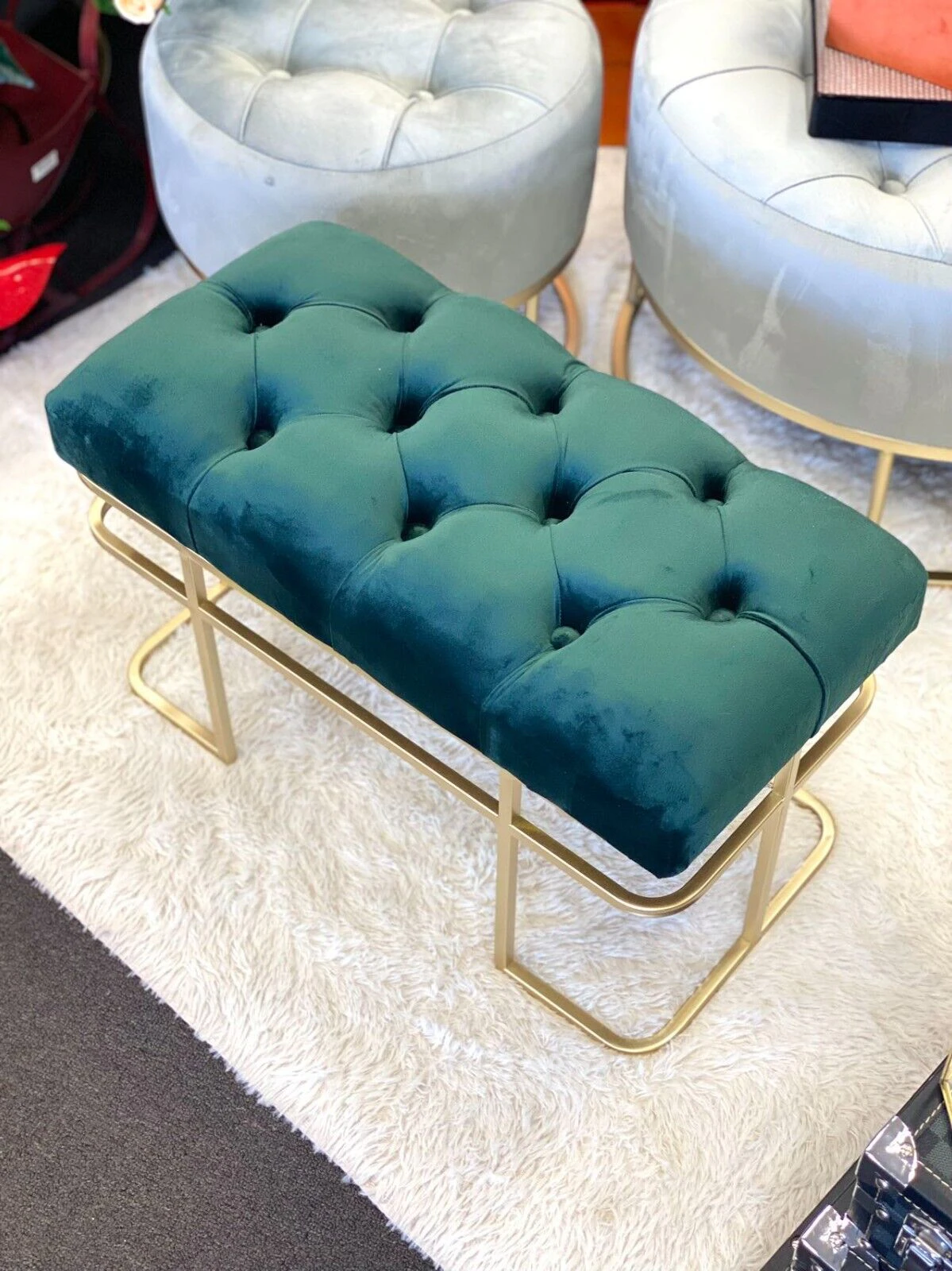 Handmade vanity stool velvet ottoman with gold base in school green colour