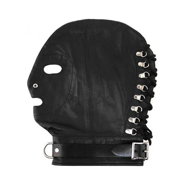 Rouge Fetish D Ring Lockable Buckle Strap Black Leather Full Head Mask Hood With Open Eye And Mouth Holes Model Dr 1001 Unisex Bds