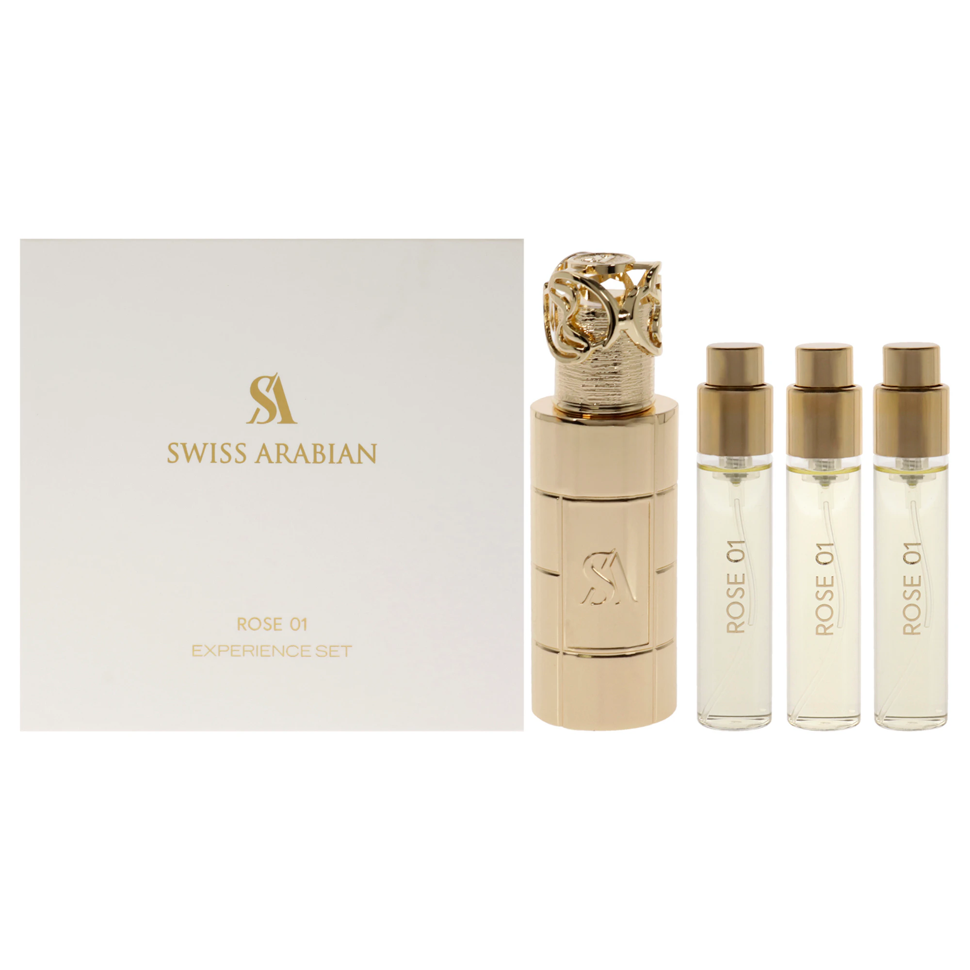 Rose 01 by Swiss Arabian for Unisex - 4 Pc Mini Gift Set 3 x 10ml Perfume Spray, 1 Metal Case