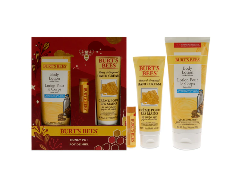 Burts Bees Honey Pot Gift by Burts Bees for Unisex - 3 Pc 6oz Body Lotion, 2.6oz Hand Cream, 0.15oz Lip Balm