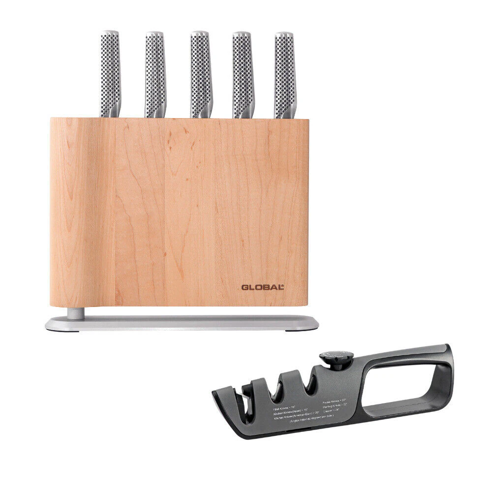 Global 79656 UKU 6 Piece Knife Block Maple with Bonus Acuminate Adjustable Knife