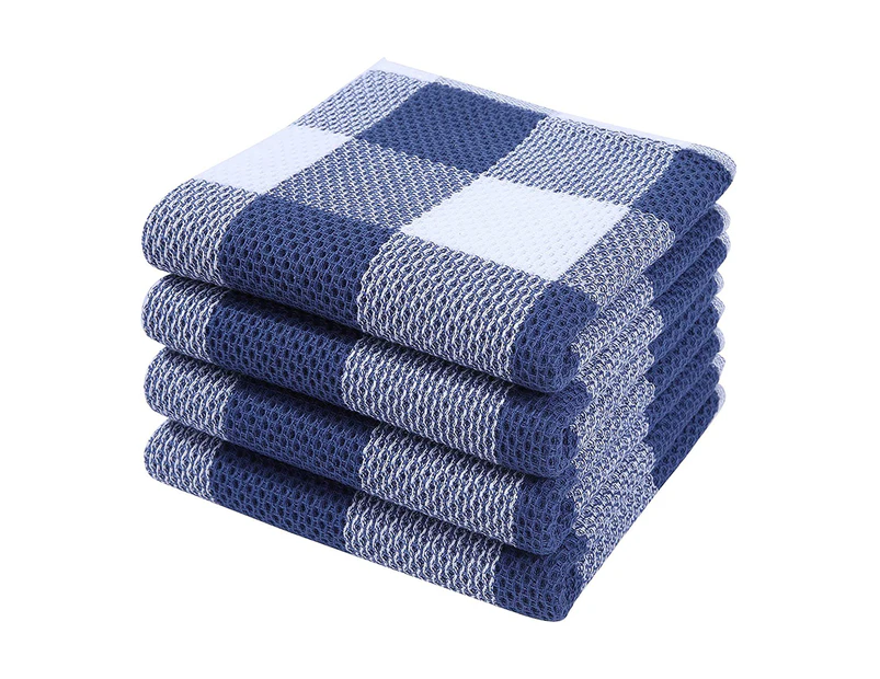 Set of 4 Cotton Plaid Tea Towels, Absorbent & Lint Free, Blue & White