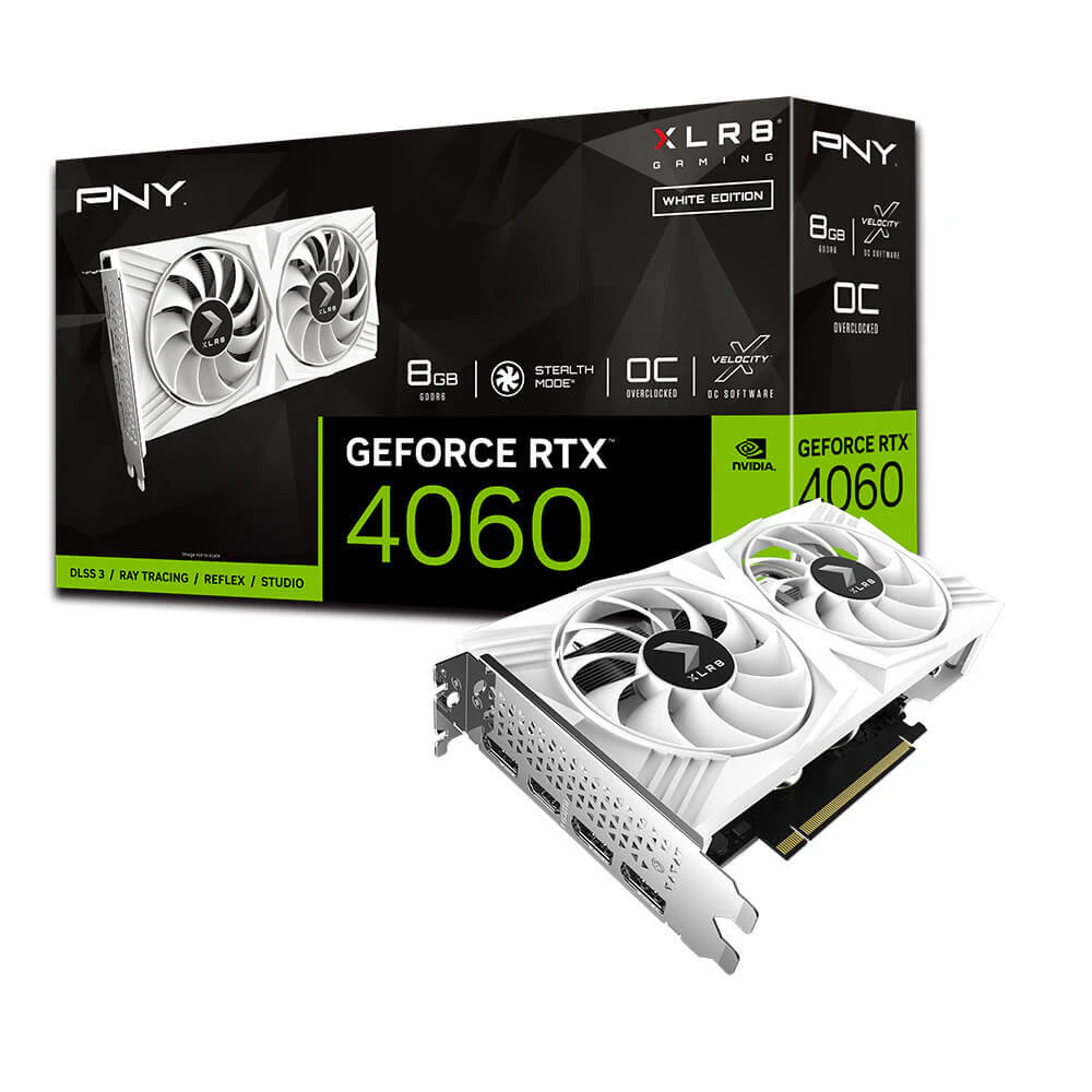 PNY GeForce RTX 4060 8GB OC XLR8 VERTO DF White Edition  Clock Speed 1830MHz  Boost Speed 2475MHz  Memory Size 8GB GDDR6