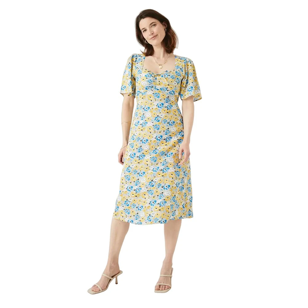 Maine Womens Ditsy Print Front Tie Midi Dress (Yellow) - DH5997