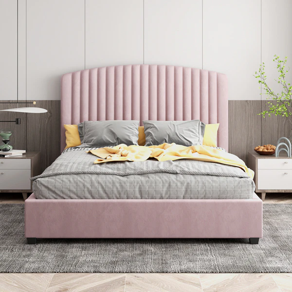 King Single Size Bed Frame Pink Velvet Upholstery High Headboard Quality Slats Metal Structure