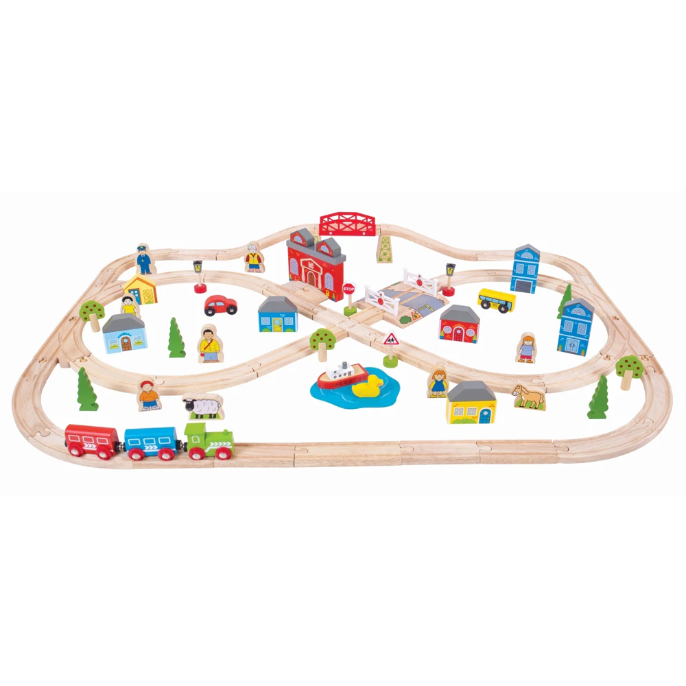 91pc Bigjigs Rail Town & Country Train Set Kids/Children Fun Wooden Toy 3y+