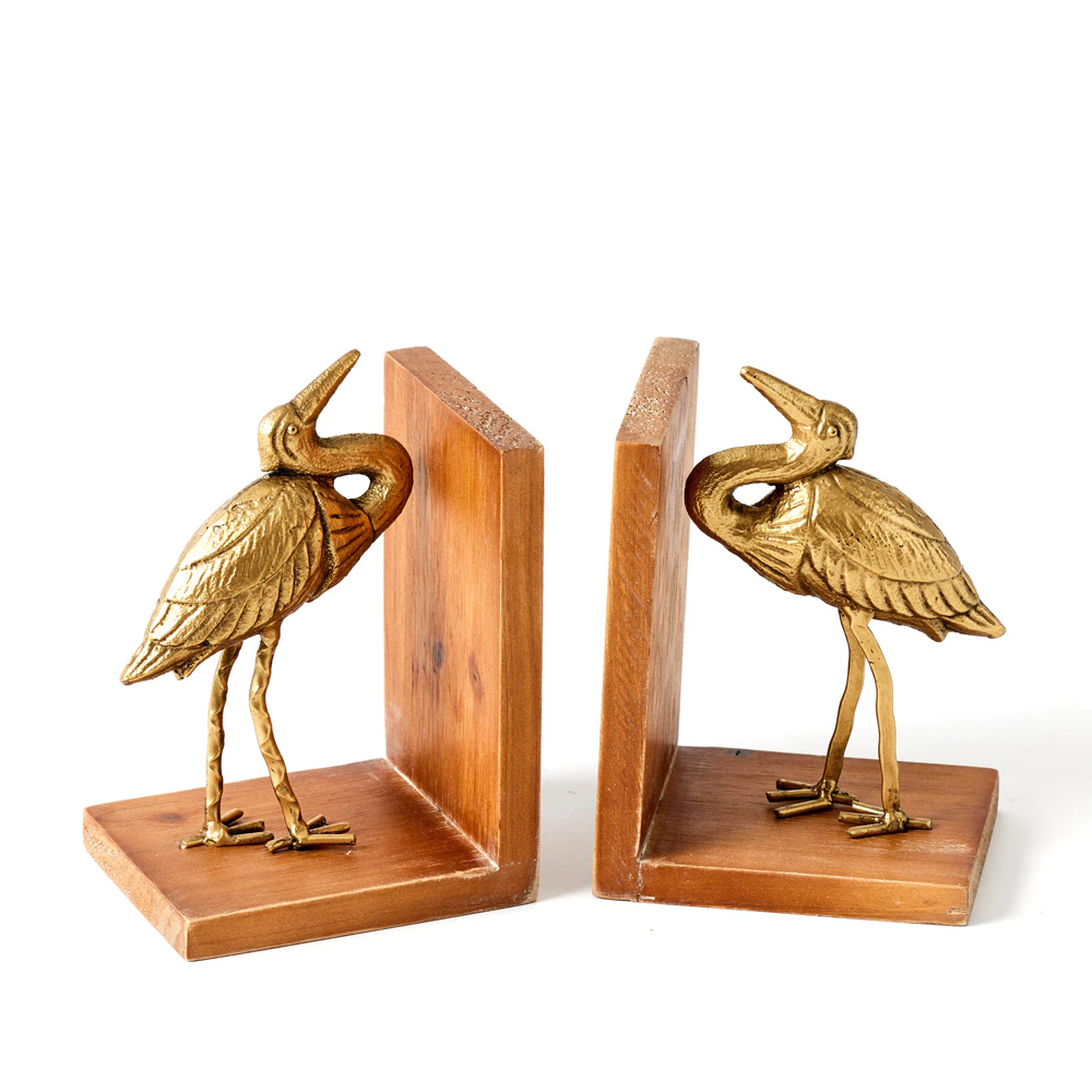 2pc Pilbeam Living Iron/Wood 11.5cm Crane Bookends/Book Holder Set Gold/Walnut