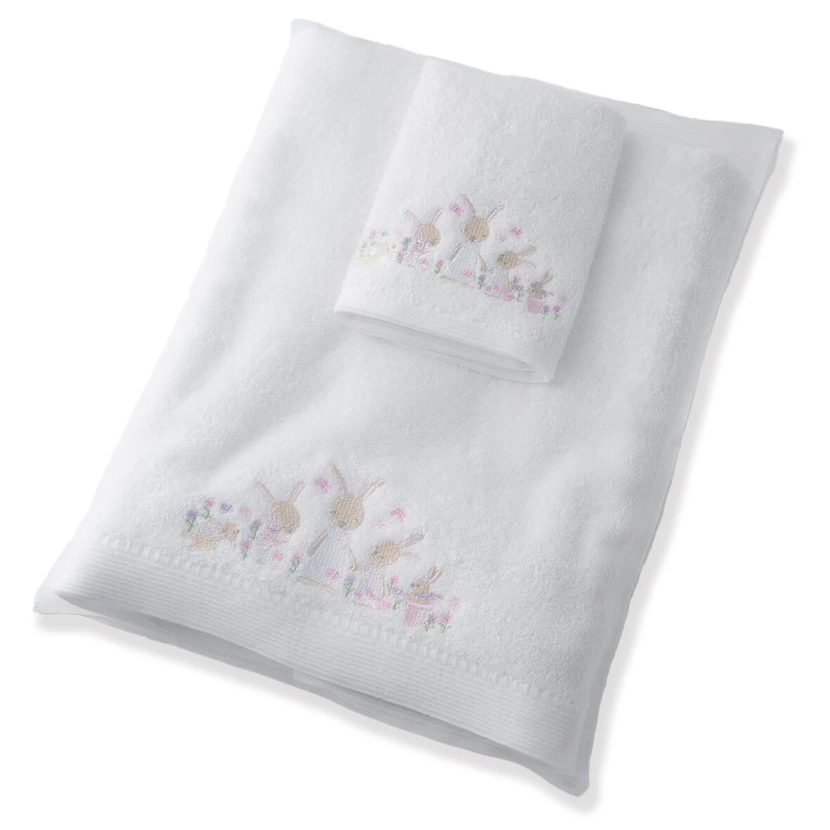 Jiggle & Giggle Bunny Garden Baby/Kids Bath Towel & Face Washer w/ Organza Bag