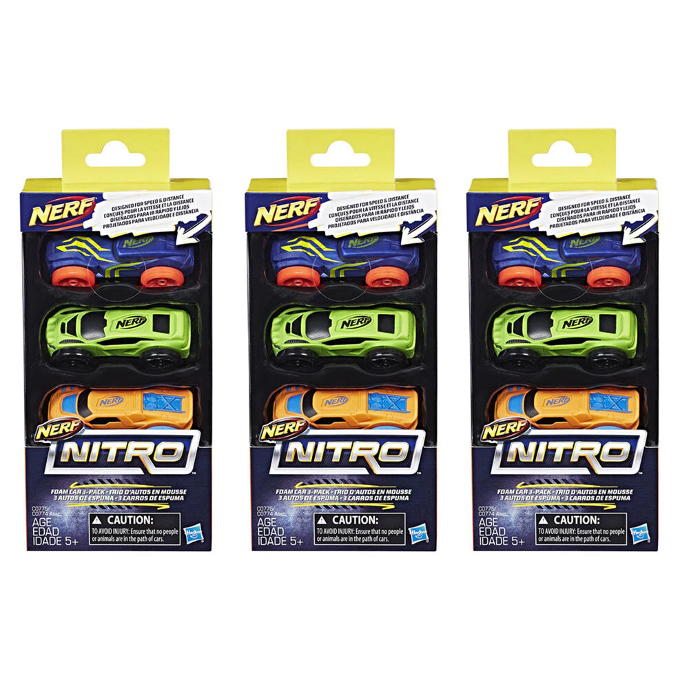 3x 3pc NERF Nitro Foam Car Vehicle Kids/Children 5y+ Play Toys Assorted Colour