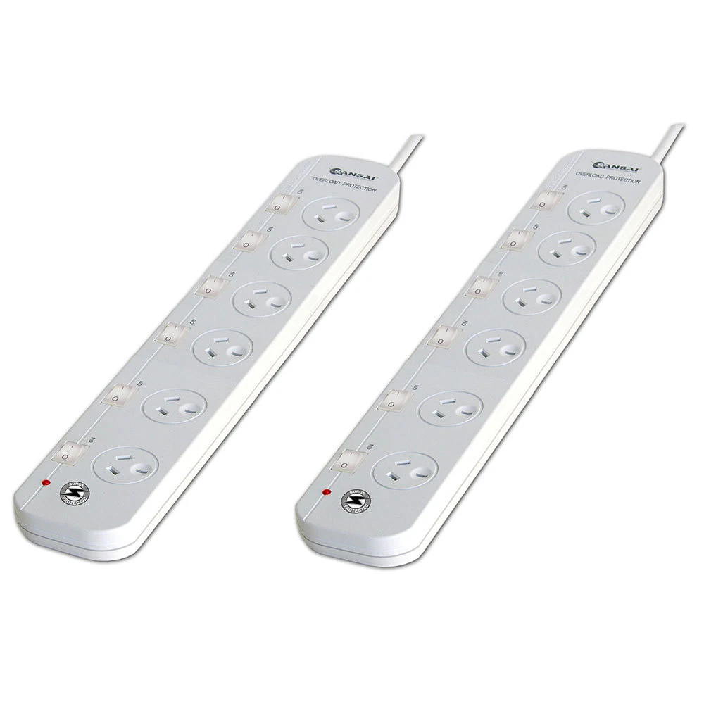 2x Power board 6 Way Sockets Outlets Surge Protector/Single Switched Powerboard