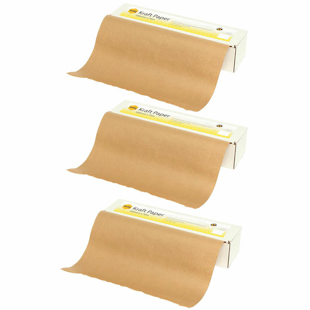 3x Marbig 70m x 50cm 65GSM Kraft Paper Dispenser Box Wrapping/Packing w/ Roll