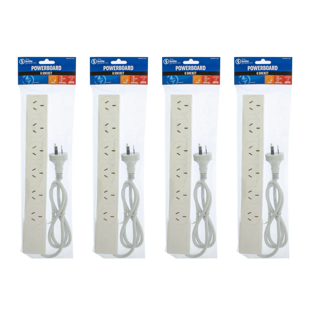 4PK The Brute Power Co Board 6 way 1m Cord/Cable Socket 10A Outlet/Strip White