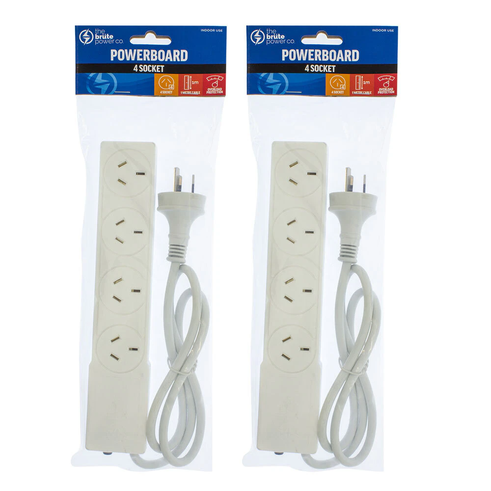 2PK The Brute Power Co 4 Socket 1m Cord/Cable Powerboard 10A Outlet/Strip Switch