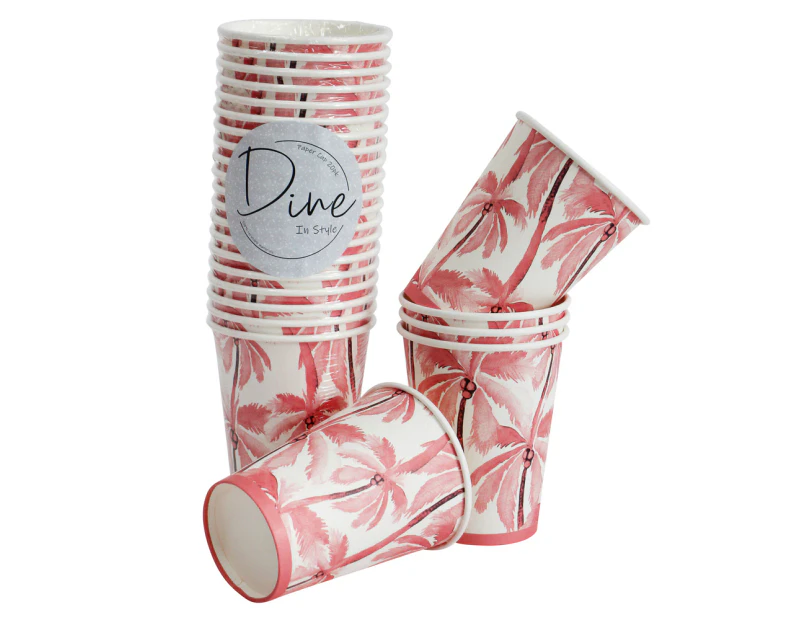 60pc Round 11cm Disposable Paper Cup Dinner Party Drinkware Palm Trees Pink