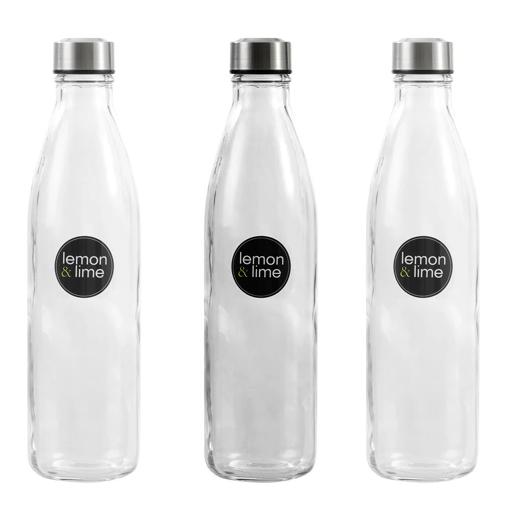 3x Lemon & Lime 1L Glass Screw Top Lid Water Bottle Juice Drink Container Clear