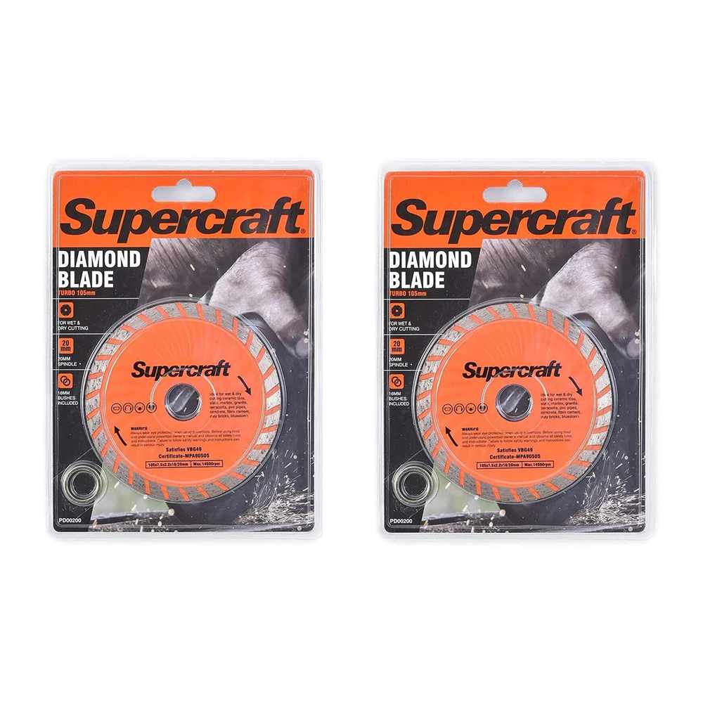 2x Supercraft Wet/Dry Cutting 105mm Tile/Stone Diamond Blade Turbo 20mm Spindle