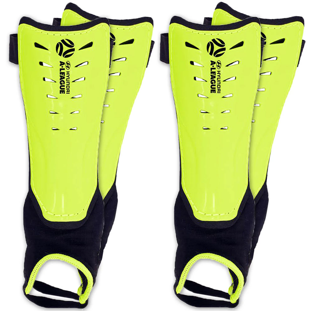 2x Hyundai A-League Shin Guard/Pads w/ Ankle Sock/Sports/Soccer Medium Size/Lime