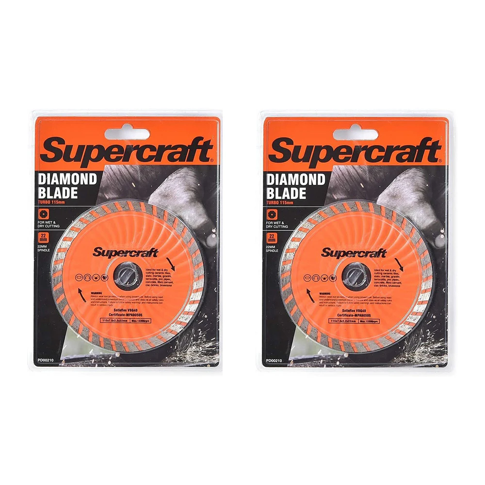 2x Supercraft Wet/Dry Cutting 115mm Tile/Stone Diamond Blade Turbo 22mm Spindle