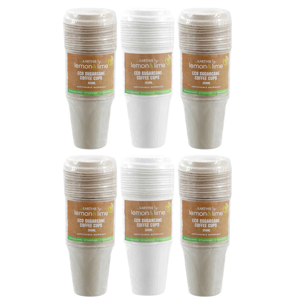 6x 12PK Lemon & Lime 350ml Eco Sugarcane Coffee Cup w/ Lid Biodegradable Sip Mug