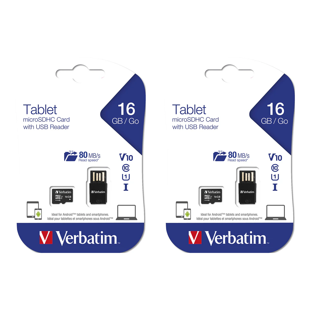 2PK Verbatim 16GB U1 Micro SDHC Memory Card Storage w/ USB Reader For Tablet