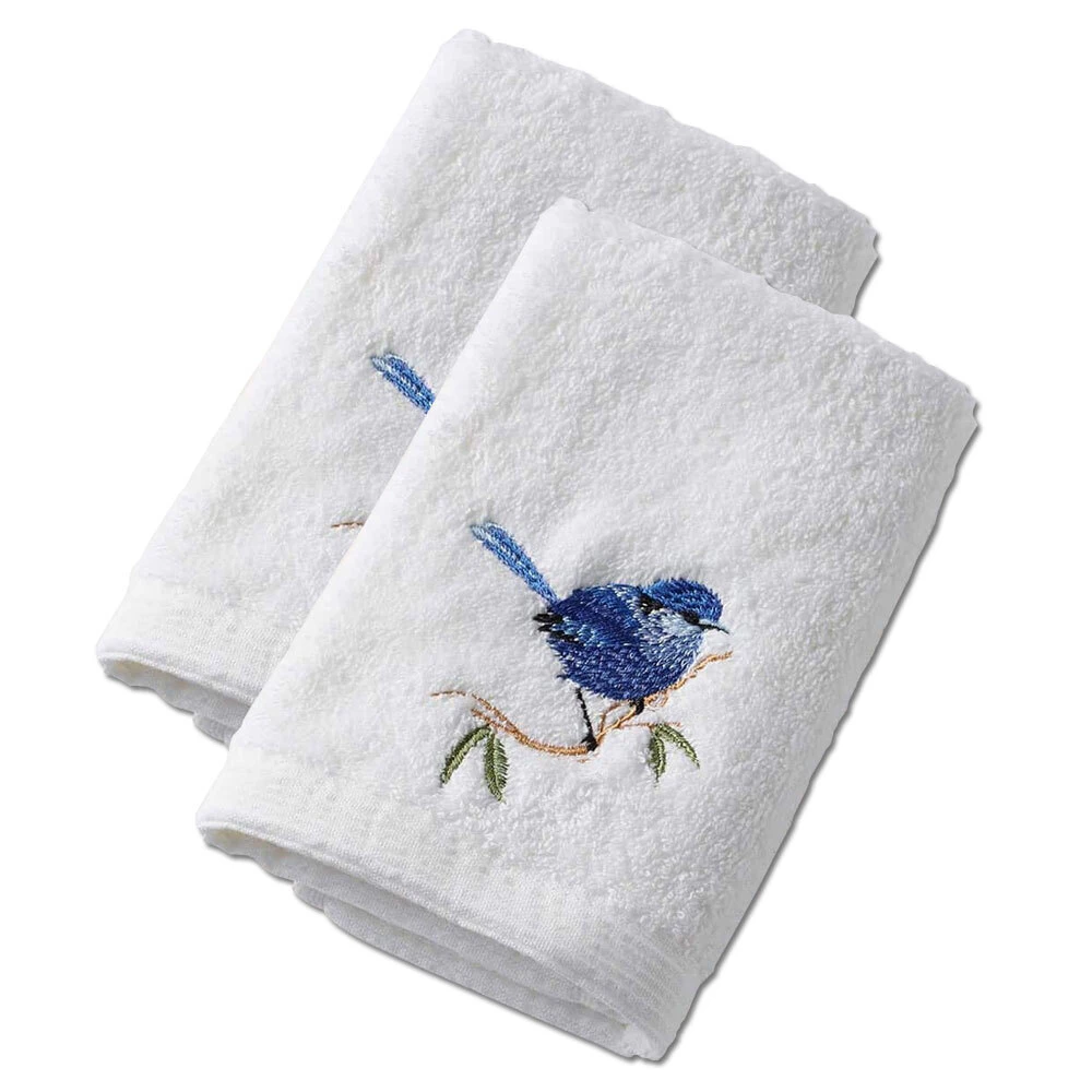 2x Pilbeam Living Blue Wren 32x32cm Cotton Face Washer Towel Wash Cloth White