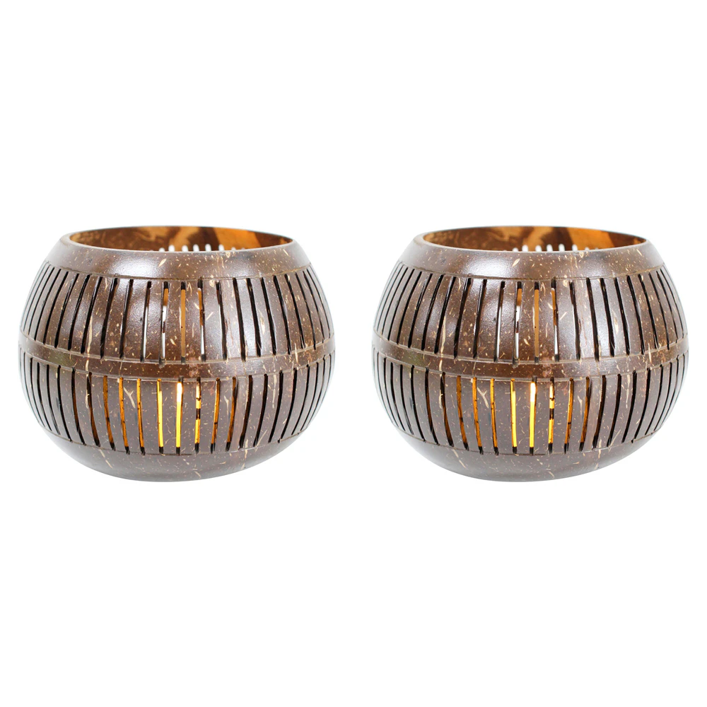 2x Coconut 13cm Lantern Slat Tealight/Fairy Light Round Boho Candle Holder Brown