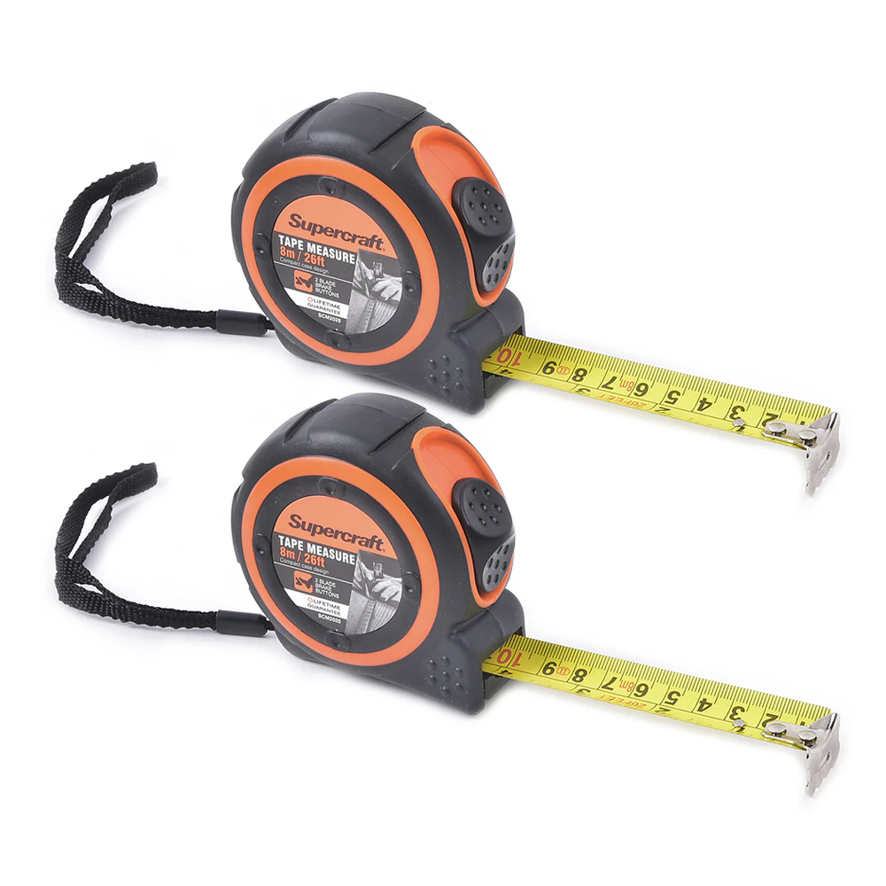 2x Supercraft Retractable Tape Measure 8M/26Ft Metric/Imperial Ruler DIY Tool