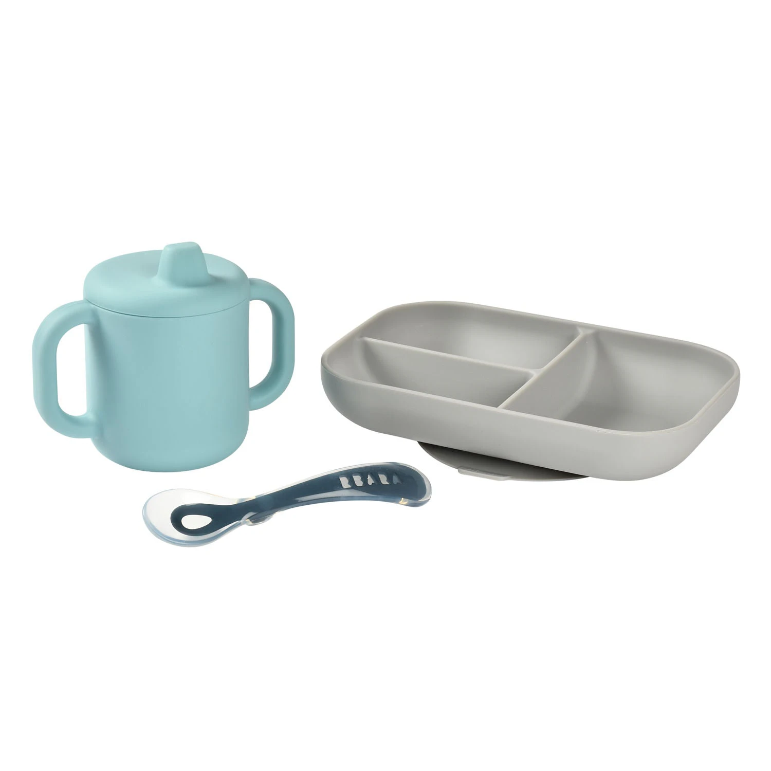 Beaba Silicone Learning Plate Spoon Cup Set - Blue/Grey