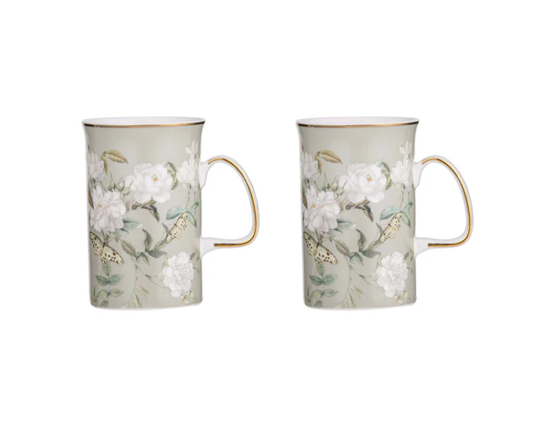 2x Ashdene Elegant Rose Fine Bone China 11.5cm Coffee/Tea Mug Cup w/Handle Green